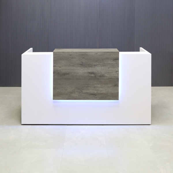84-inch Chicago Custom Reception Desk in metropolitan concrete PVC counter and white matte laminate desk, with color LED, shown here.