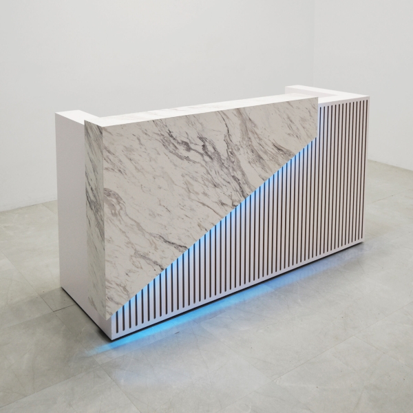 84-inch Miami Custom Reception Desk in calcutta stone laminate counter, white matte laminate  grooved front panel and desk, with color LED shown here.