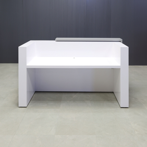84-inch Miami Custom Reception Desk in fog gray laminate counter, white gloss laminate  grooved front panel and desk, with color LED, seating side view shown here.