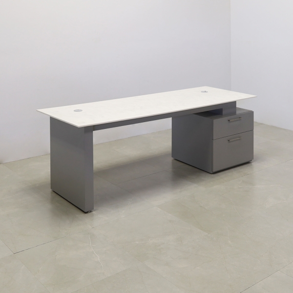 84-inch Avenue Straight Executive Desk in 1/2-inch special engineered surface top, and fog gray matte laminate storage on the right side when sitting and base.