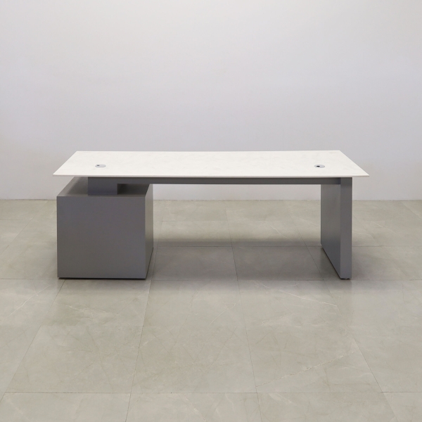 84-inch Avenue Straight Executive Desk in 1/2-inch special engineered surface top, and fog gray matte laminate storage on the right side when sitting and base.