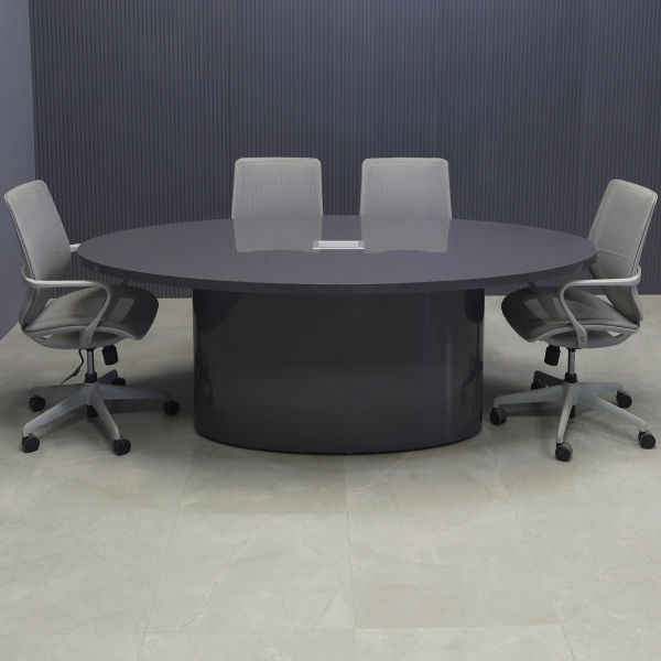 84-inch Newton Oval Conference Table With Laminate Top & base in storm gray gloss laminate, and silver MX3 power box.