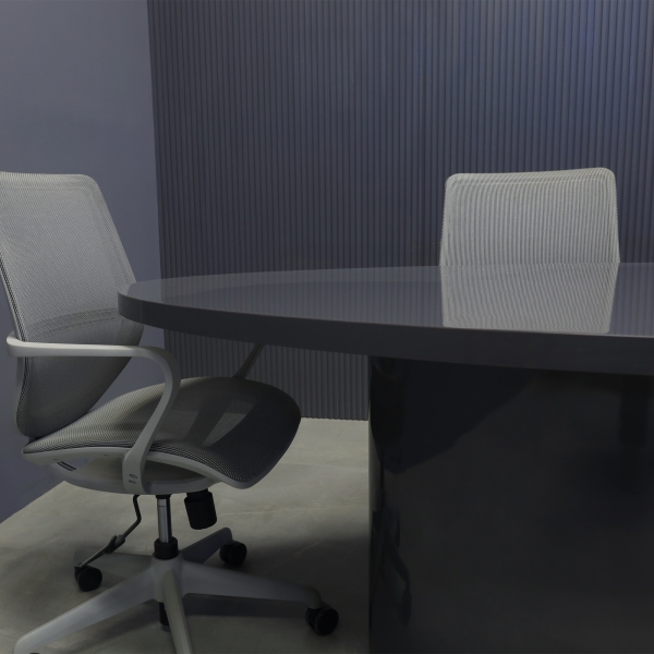 84-inch Newton Oval Conference Table With Laminate Top & base in storm gray gloss laminate, and silver MX3 power box.
