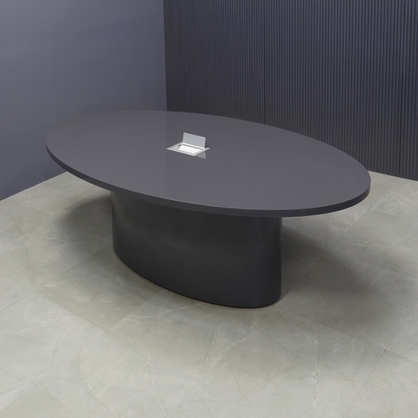 84-inch Newton Oval Conference Table With Laminate Top & base in storm gray gloss laminate, and silver MX3 power box.