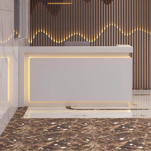 84-inch New York L-Shape Custom Reception Desk, right side l-panel when facing front, in white gloss laminate desk, with color LED, shown here.