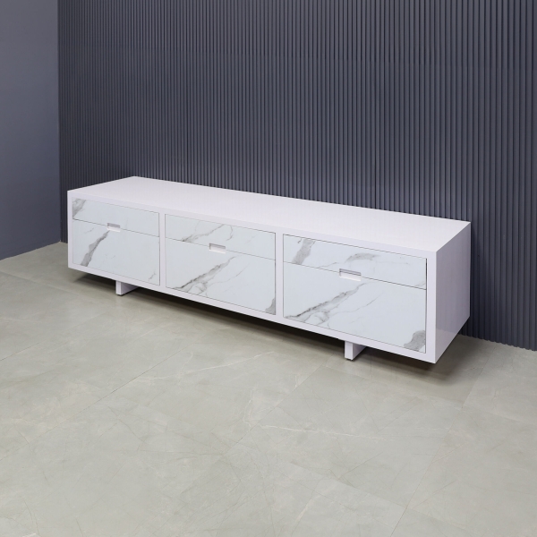 84-inch Seattle Storage Credenza in white gloss laminate credenza, and calcutta stone PVC finish front drawers.