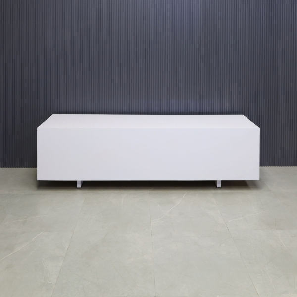 84-inch Seattle Storage Credenza in white gloss laminate credenza, and calcutta stone PVC finish front drawers.