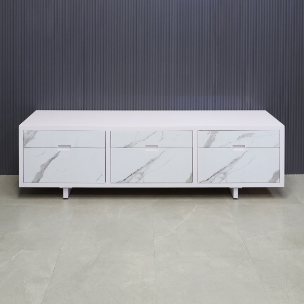 84-inch Seattle Storage Credenza in white gloss laminate credenza, and calcutta stone PVC finish front drawers.