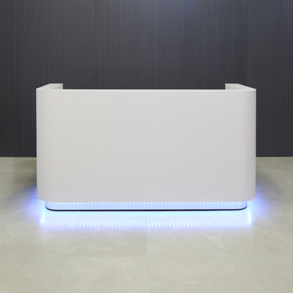 84-inch Nola Custom Reception Desk in white gloss laminate main desk, brushed aluminum toe-kick, and color changing LED.