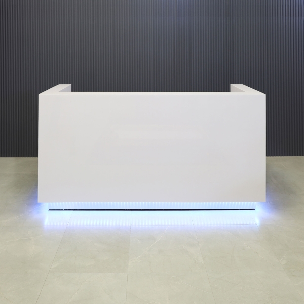 84-inch Dallas U-Shape Reception Desk in white gloss laminate main desk, brushed aluminum toe-kick, and color changing LED.