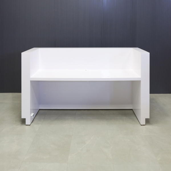 84-inch Dallas U-Shape Reception Desk in white gloss laminate main desk, brushed aluminum toe-kick, and color changing LED.