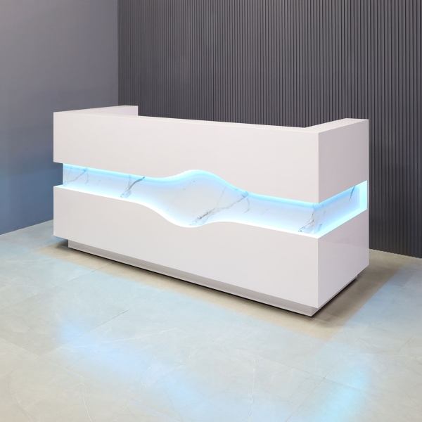 84-inch Wave Reception Desk in white gloss laminate counter & desk, with calcutta stone PVC accent, with color LED, shown here.