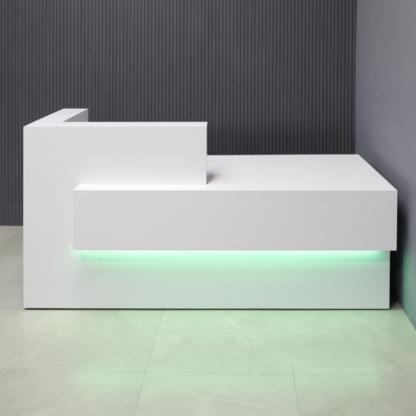 84-inch Atlanta Reception Desk with countertop on the left side when sitting in white gloss laminate countertop & base, workspace, front accent, and color changing LED. 