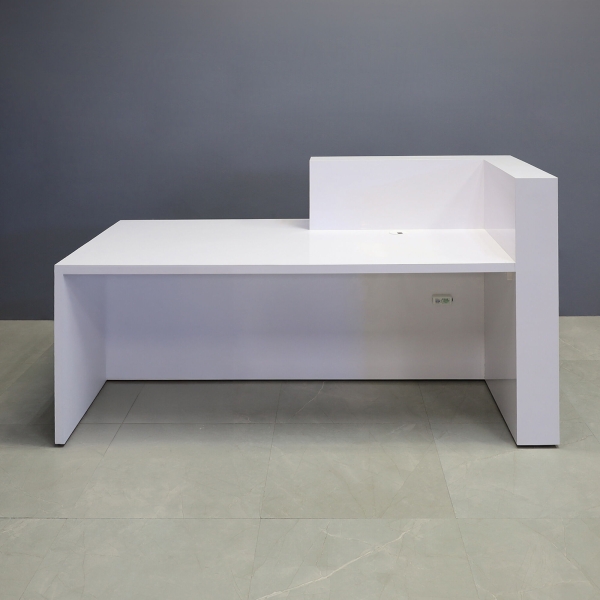 84-inch Atlanta Reception Desk with countertop on the left side when sitting in white gloss laminate countertop & base, workspace, front accent, and color changing LED. 