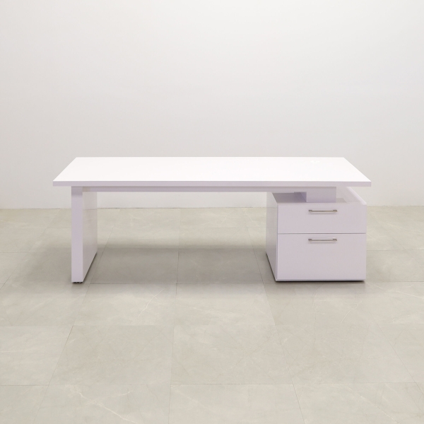 84-inch Avenue Straight Executive Desk in white gloss laminate, base & storage on the right side when sitting.