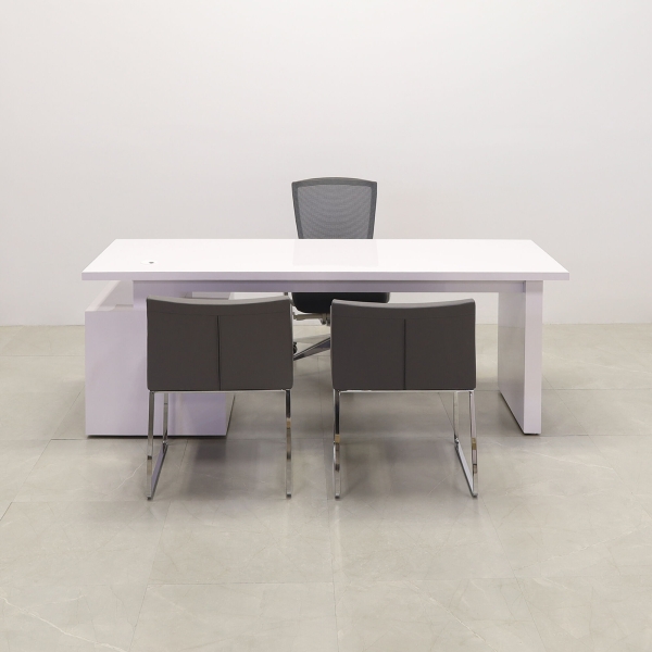 84-inch Avenue Straight Executive Desk in white gloss laminate, base & storage on the right side when sitting.