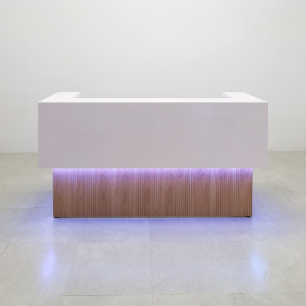 84-inch San Francisco U-Shape Custom Reception Desk in white matte laminate counter & desk, and white oak tambour front desk, with white LED, shown here.