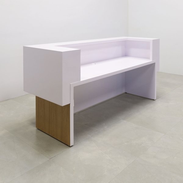 84-inch San Francisco U-Shape Custom Reception Desk in white matte laminate counter & desk, and white oak tambour front desk, with white LED, shown here.