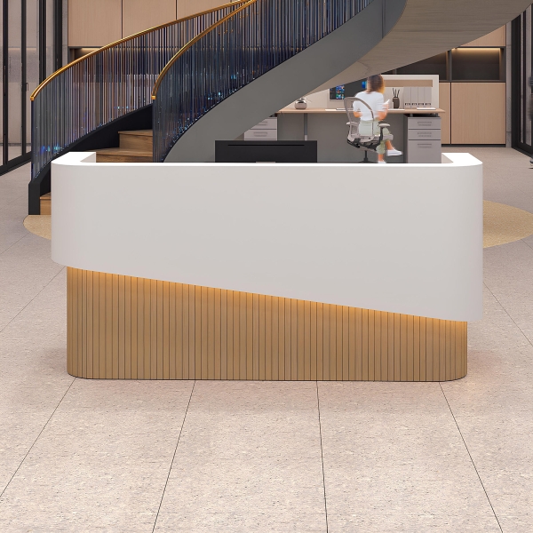 84-inch Nola Curved Custom Reception Desk in white matte laminate counter & inside desk, white oak tambour front desk, and warm white LED.