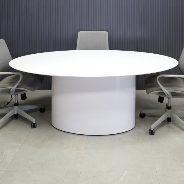 84-inch Aurora Oval Conference Table in 1/2-inch white solid engineered surface top, and white gloss laminate base.