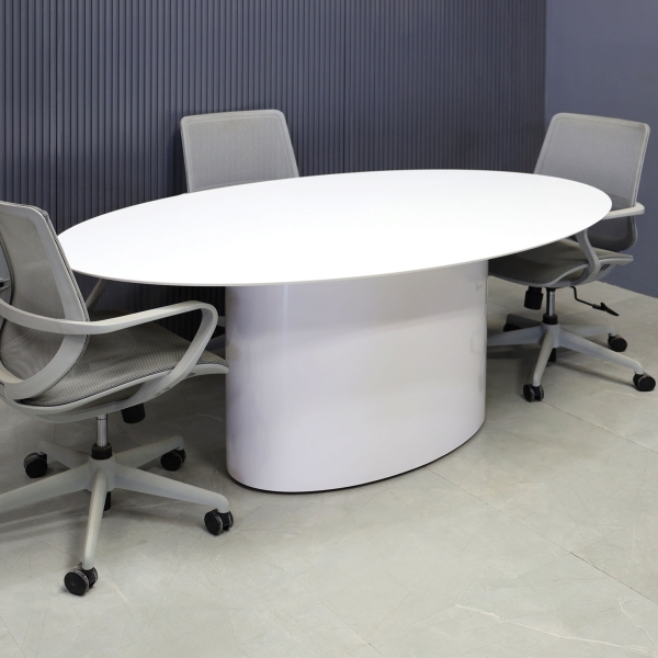 84-inch Aurora Oval Conference Table in 1/2-inch white solid engineered surface top, and white gloss laminate base.
