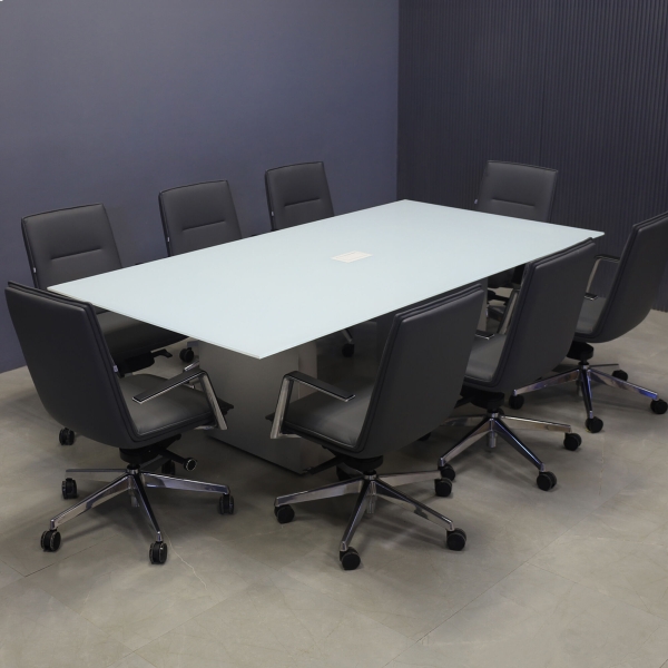84-inch Omaha Rectangular Conference Table in 1/2-inch in white tempered glass top, with standard column base in brushed aluminum, and white MX2 power box.