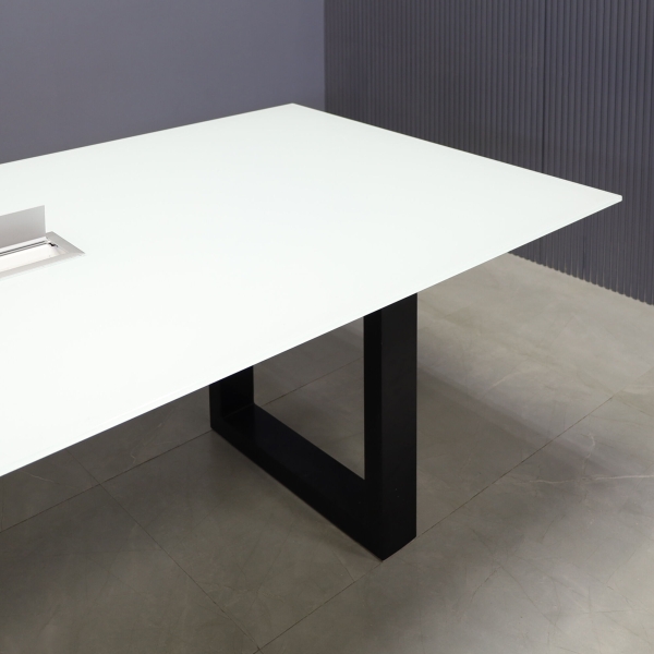 84-inch Omaha Rectangular Conference Table in 1/2-inch white tempered glass top, with metal u-legs powder coated in black, and silver MX3 power box.