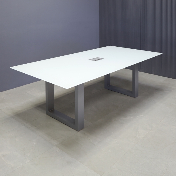 84-inch Omaha Rectangular Conference Table in 1/2-inch white tempered glass top, with metal u-legs powder coated in silver, and silver MX3 power box.