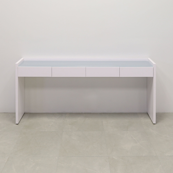 90-inch Avenue Console Table with 1/2-inch baby blue tempered glass top, and white gloss laminate console.