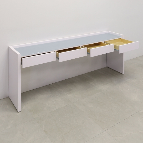 90-inch Avenue Console Table with 1/2-inch baby blue tempered glass top, and white gloss laminate console.