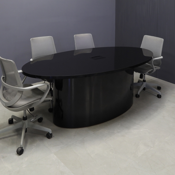 90-inch Newton Oval Conference Table With Laminate Top & base in black gloss laminate, and black MX3 powerbox.