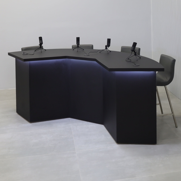 90-inch Tampa Bay Custom Handmade Podcast Table in black traceless laminate top & front base, and black matte laminate back base, with warm white LED.