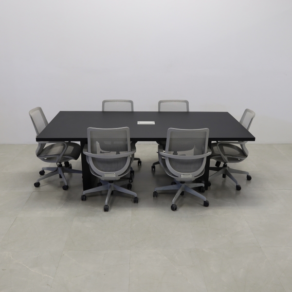 92 inches Newton Rectangular Conference Table in Black Traceless Laminate top and base finish. Ellora power box, and six gray chairs shown here.