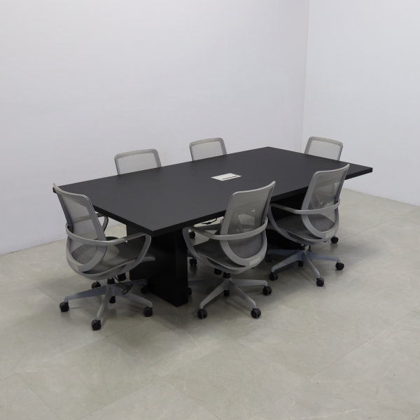 92 inches Newton Rectangular Conference Table in Black Traceless Laminate top and base finish. Ellora power box, and six gray chairs shown here.