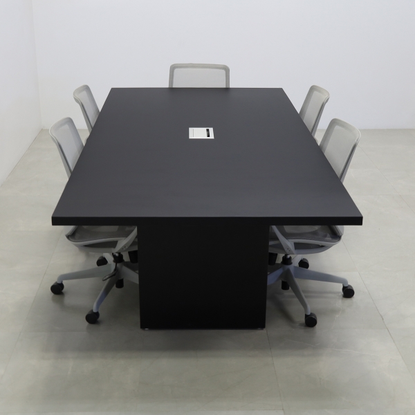 92 inches Newton Rectangular Conference Table in Black Traceless Laminate top and base finish. Ellora power box, and five gray chairs shown here.