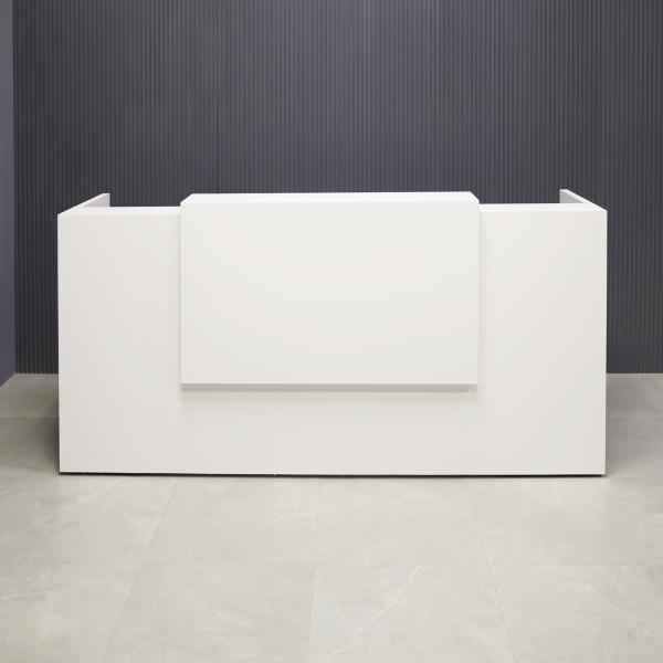 90-inch Chicago Custom Reception Desk in dover off-white matte laminate counter and desk, shown here.