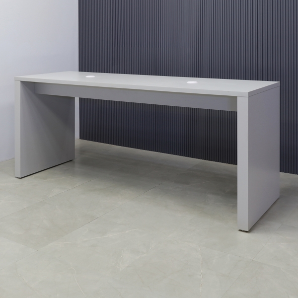Ahville Laminate Bar Table in folkstone gray laminate finish, with two MX1 powerboxes shown here.