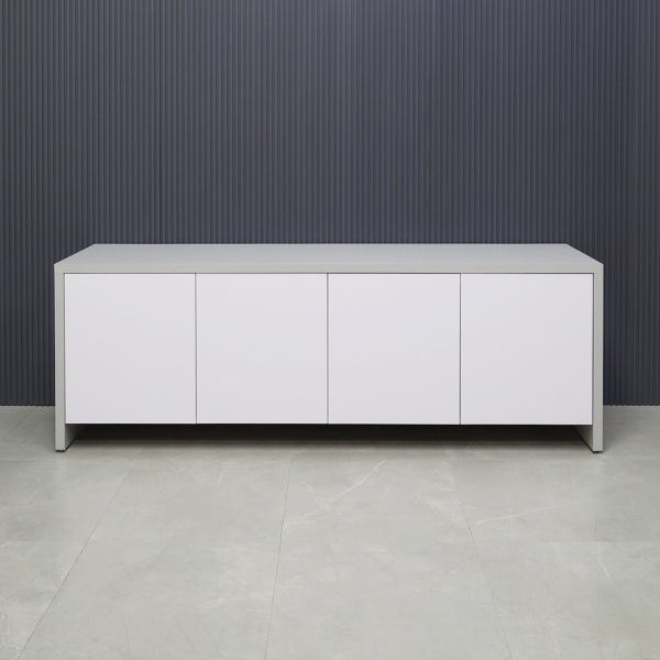 90-inch Boston Storage Credenza in folkstone gray matte laminate credenza, and white matte laminate doors.