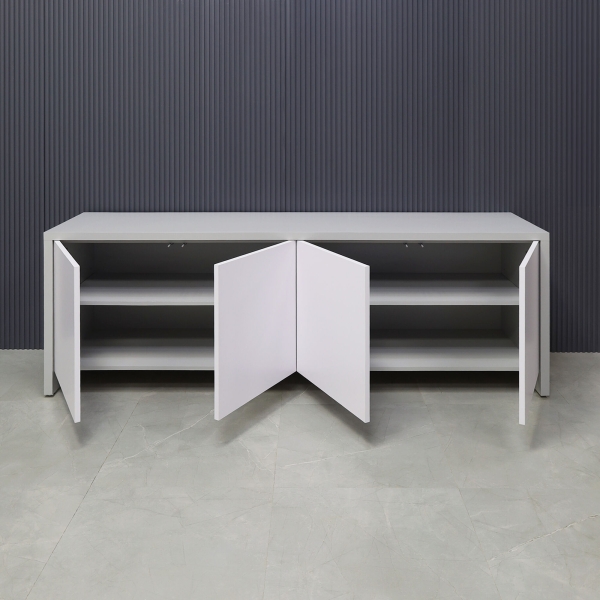 90-inch Boston Storage Credenza in folkstone gray matte laminate credenza, and white matte laminate doors.