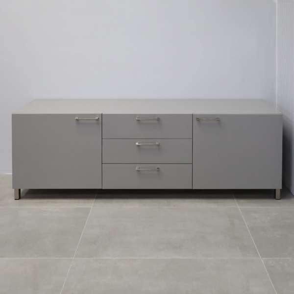 90-inch Naples Custom Storage Credenza in light gray gloss laminate credenza, and front drawers & doors, with chromed legs.