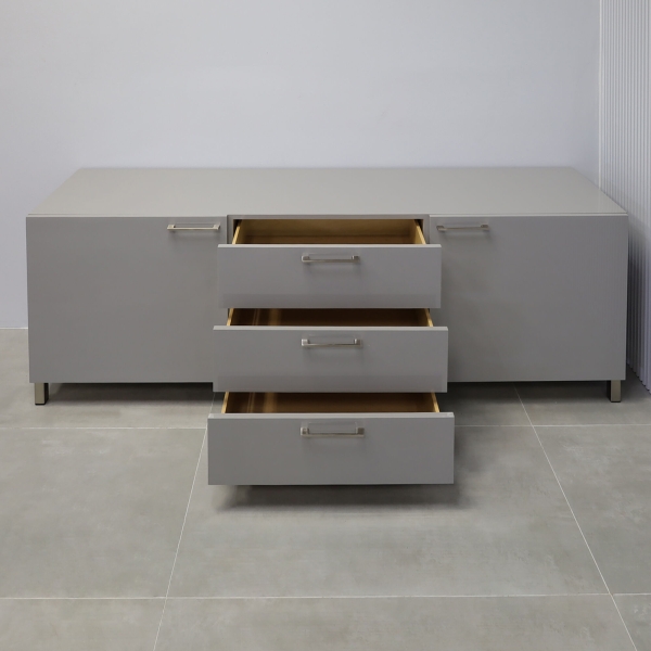 90-inch Naples Custom Storage Credenza in light gray gloss laminate credenza, and front drawers & doors, with chromed legs.