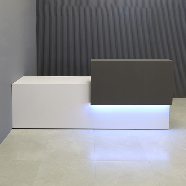 90-inch Los Angeles ADA Custom Reception Desk with the counter on the right side when facing front in storm gray matte laminate, white gloss laminate desk, and color changing LED.
