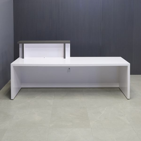 90-inch Los Angeles ADA Custom Reception Desk with the counter on the right side when facing front in storm gray matte laminate, white gloss laminate desk, and color changing LED.