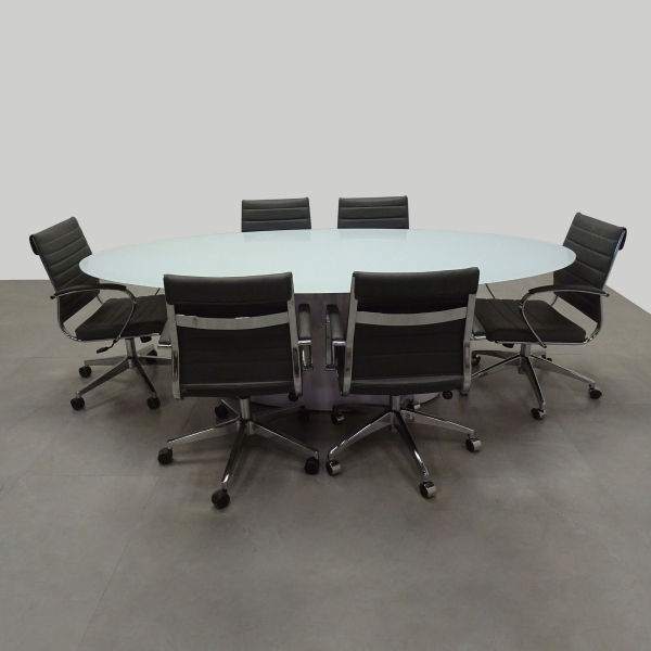 90-inch Omaha Oval Conference Table in 1/2-inch white tempered glass top, and white gloss laminate base.