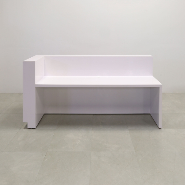 90-inch Manhattan L-Shape Custom Reception Desk in classic red gloss laminate accent panel, and white gloss laminate main desk. Brushed aluminum toe-kick, with multi-colored LED, shown here.