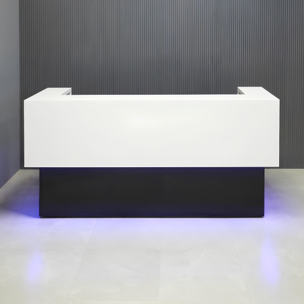 90-inch San Francisco U-Shape Custom Reception Desk in white gloss laminate counter and black gloss desk, with color LED, shown here.