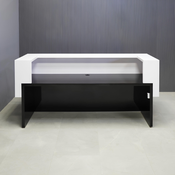 90-inch San Francisco U-Shape Custom Reception Desk in white gloss laminate counter and black gloss desk, with color LED, shown here.