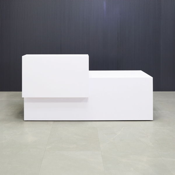 90-inch Los Angeles Custom Reception Desk with the counter on the left side when facing front in white gloss laminate finish, shown here.
