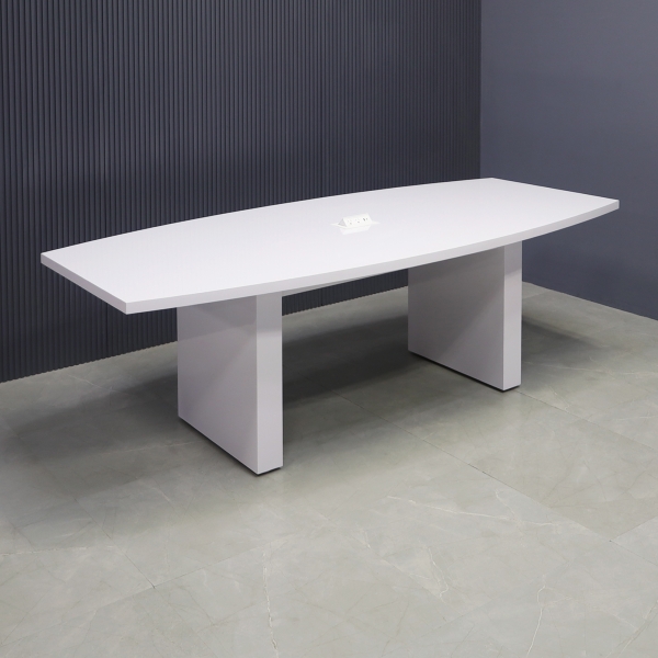 90-inch Newton Boat Shape Conference Table in white gloss laminate top & standard base, and white MX2 power box.