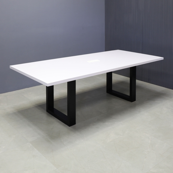 90-inch Newton Rectangular Conference Table in white gloss laminate top and black metal u base, with white MX2 power box, shown here.
